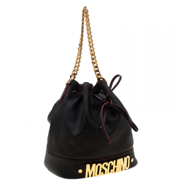 Pre Owned Moschino Black Leather Logo Drawstring Bucket  Bag
