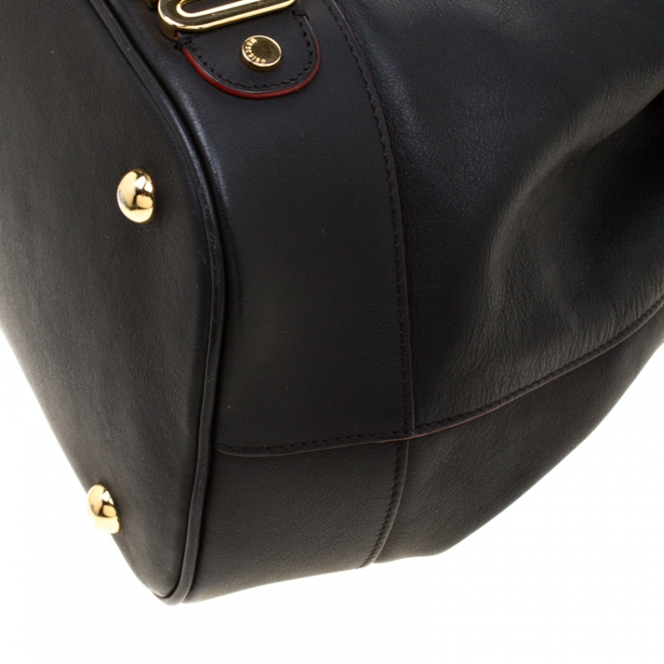Pre Owned Moschino Black Leather Logo Drawstring Bucket  Bag