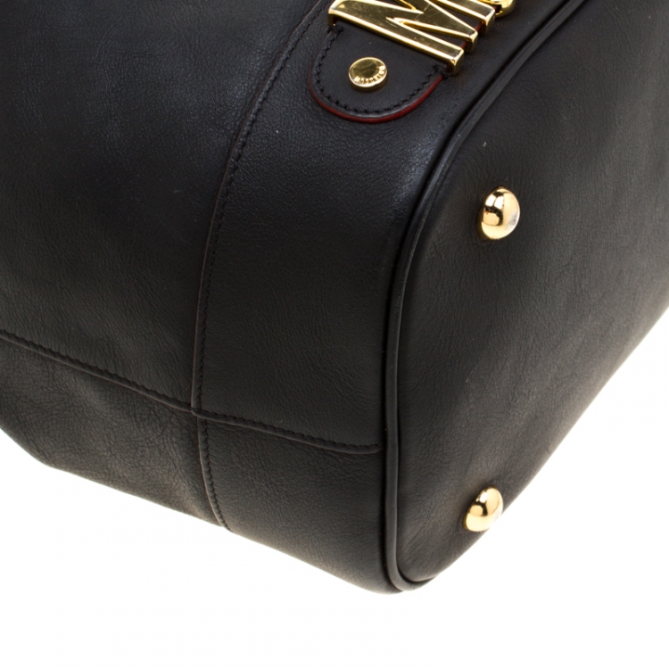 Pre Owned Moschino Black Leather Logo Drawstring Bucket  Bag