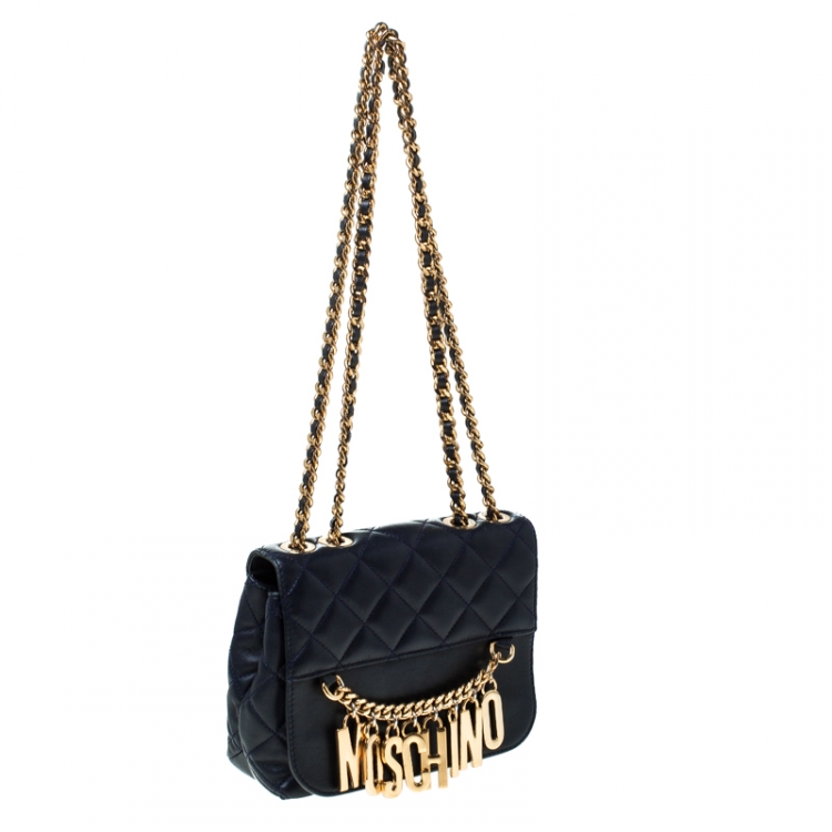 Pre Owned Moschino Navy Blue Quilted Leather Flap Shoulder Bag 
