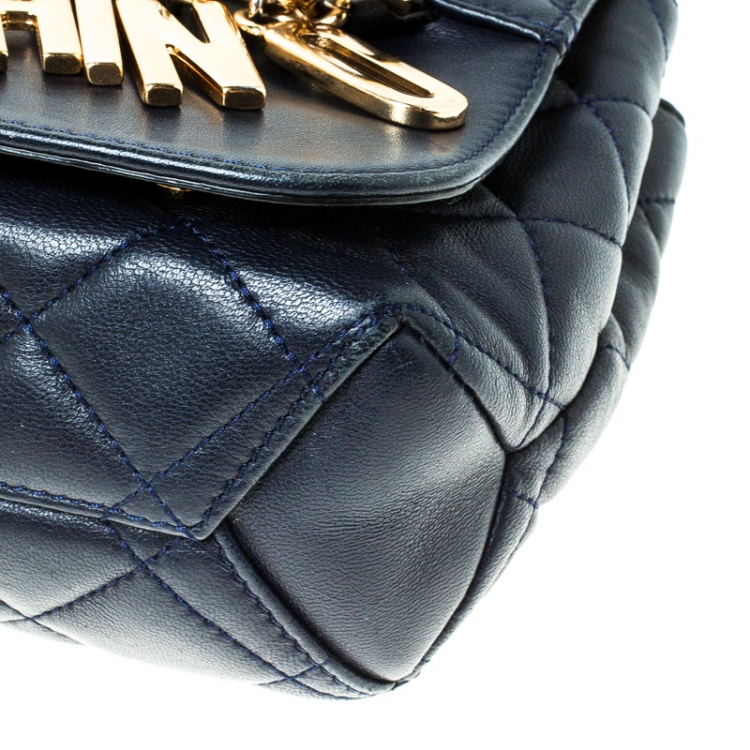Pre Owned Moschino Navy Blue Quilted Leather Flap Shoulder Bag 