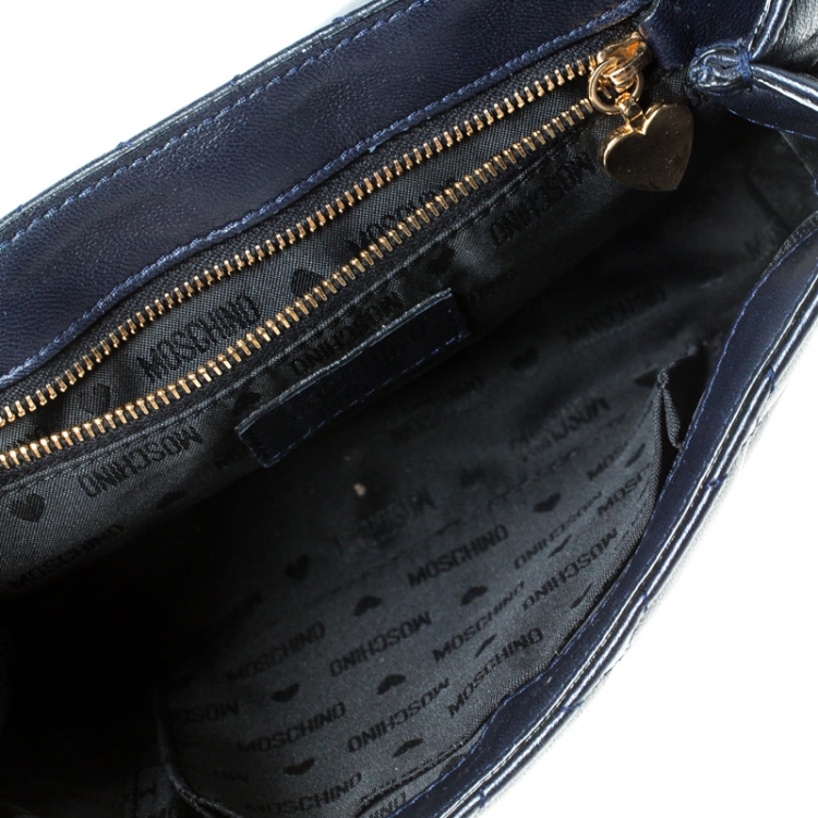Pre Owned Moschino Navy Blue Quilted Leather Flap Shoulder Bag 