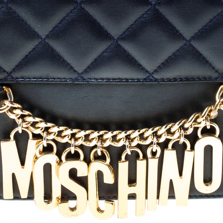 Pre Owned Moschino Navy Blue Quilted Leather Flap Shoulder Bag 