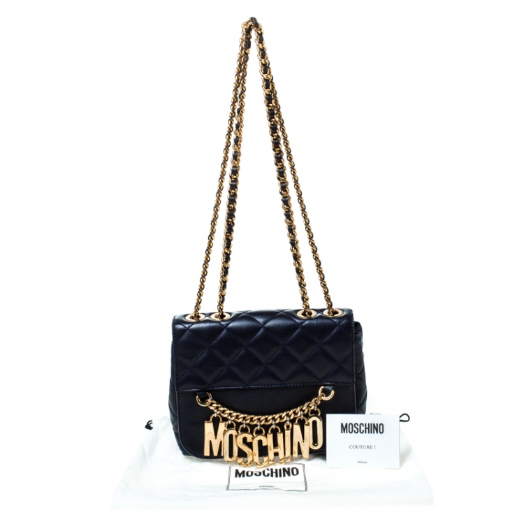 Pre Owned Moschino Navy Blue Quilted Leather Flap Shoulder Bag 