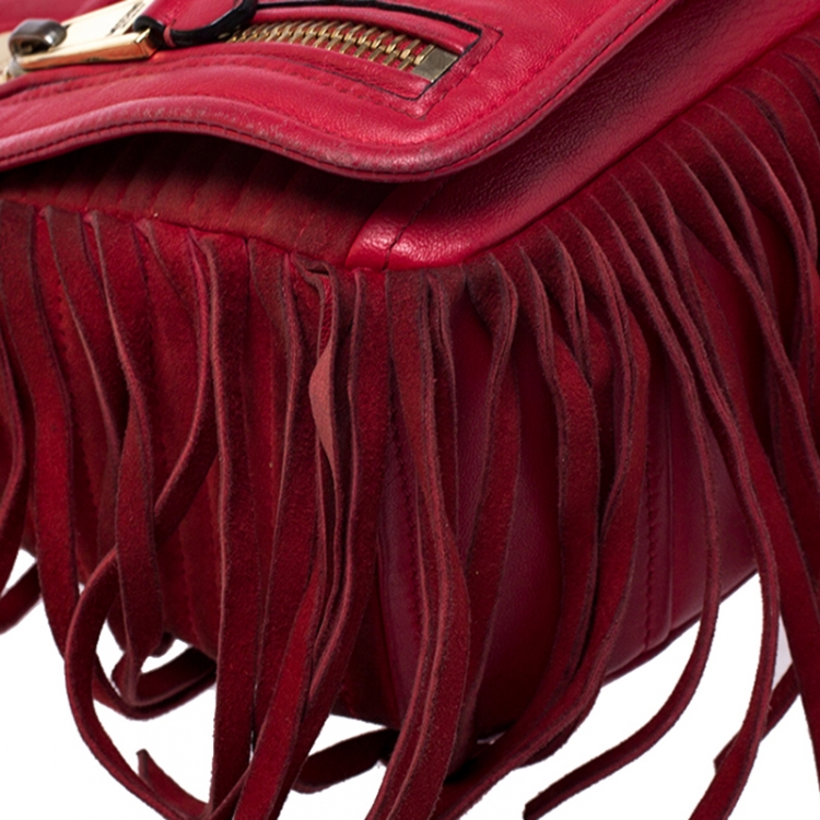 Pre Owned Moschino Red Leather and Suede Fringed Moto Jacket Bag