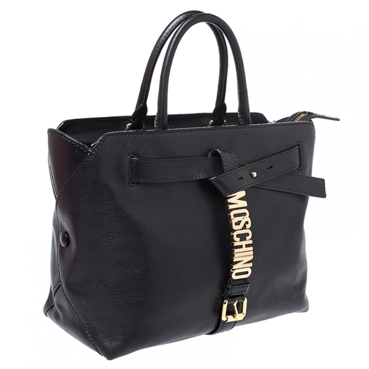 Pre Owned Moschino Black Leather Logo Buckle Tote 