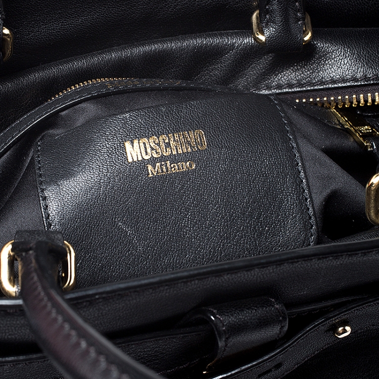 Pre Owned Moschino Black Leather Logo Buckle Tote 
