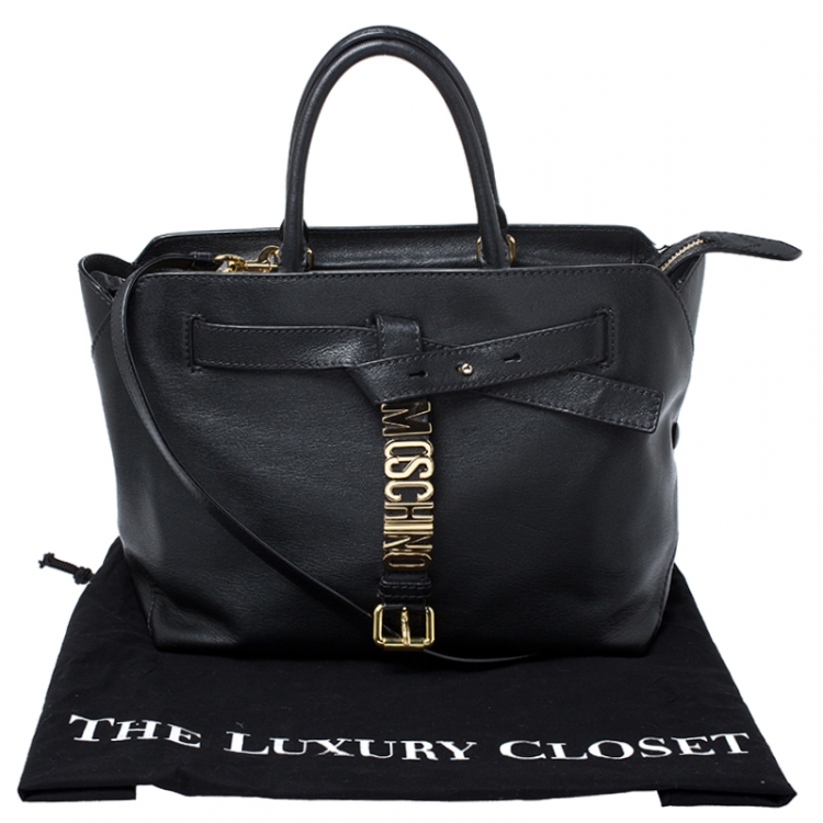Pre Owned Moschino Black Leather Logo Buckle Tote 