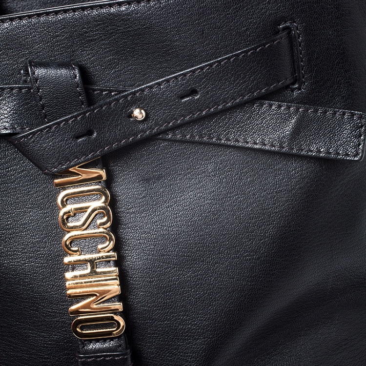 Pre Owned Moschino Black Leather Logo Buckle Tote 