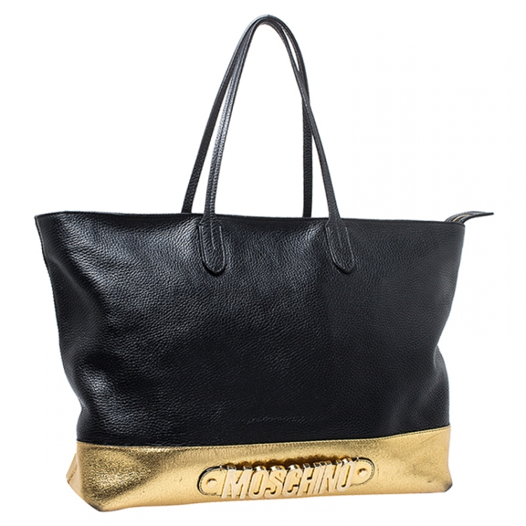 Pre Owned Moschino Black/Gold Leather Shopper Tote