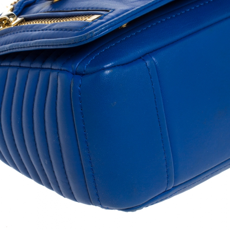 Pre Owned Moschino Blue Leather Capsule Biker Jacket Shoulder Bag