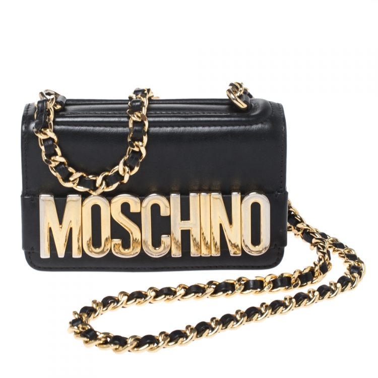 Authentic Moschino Quilted Black Calfskin Gold Chain Strap Purse