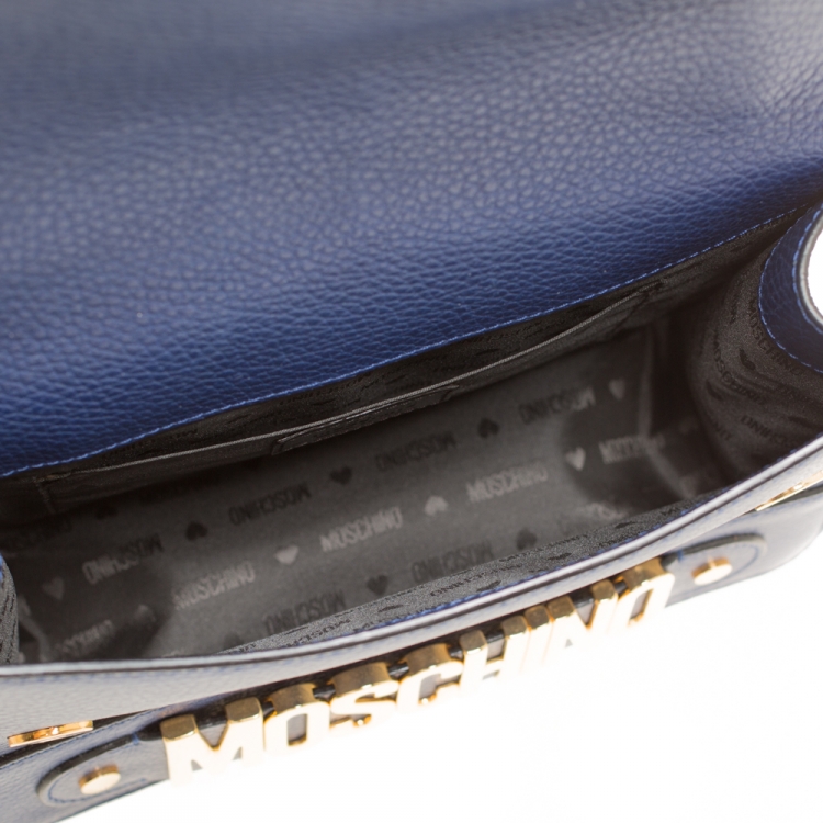 Pre Owned Moschino Blue Leather Logo Flap Shoulder Bag