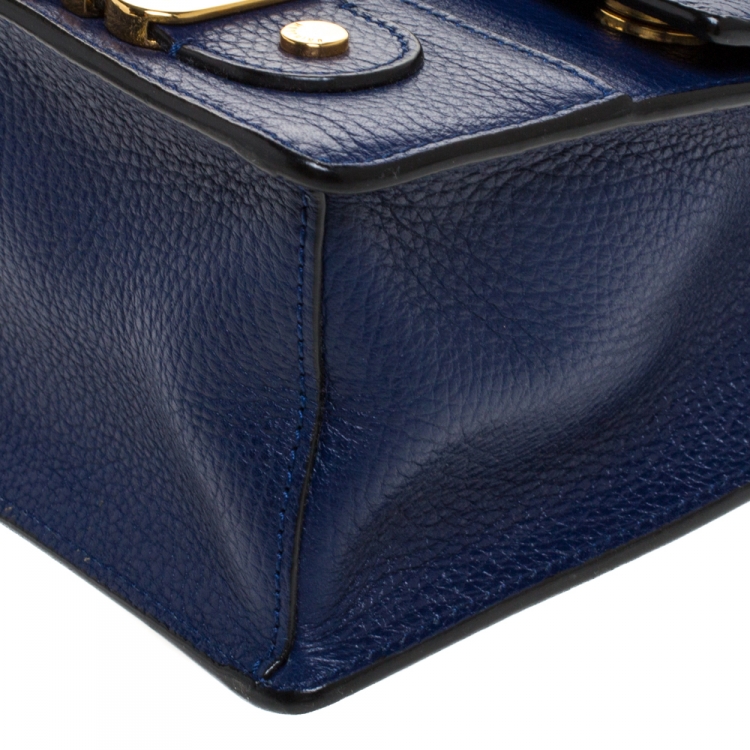 Pre Owned Moschino Blue Leather Logo Flap Shoulder Bag