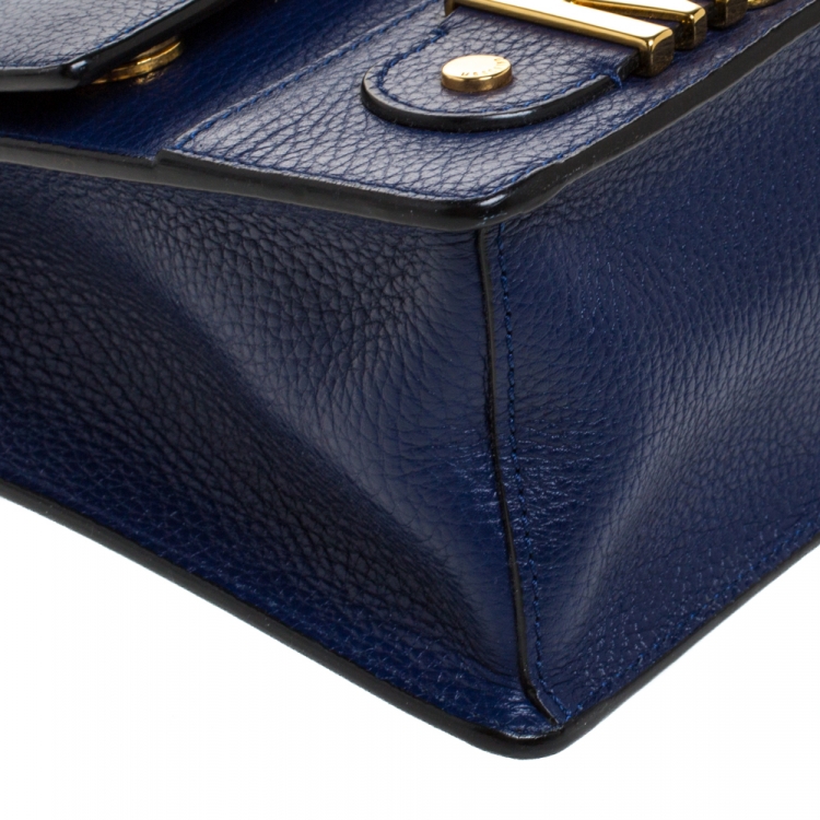 Pre Owned Moschino Blue Leather Logo Flap Shoulder Bag