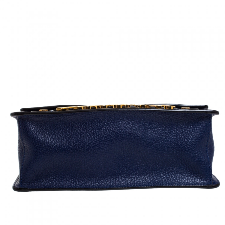 Pre Owned Moschino Blue Leather Logo Flap Shoulder Bag