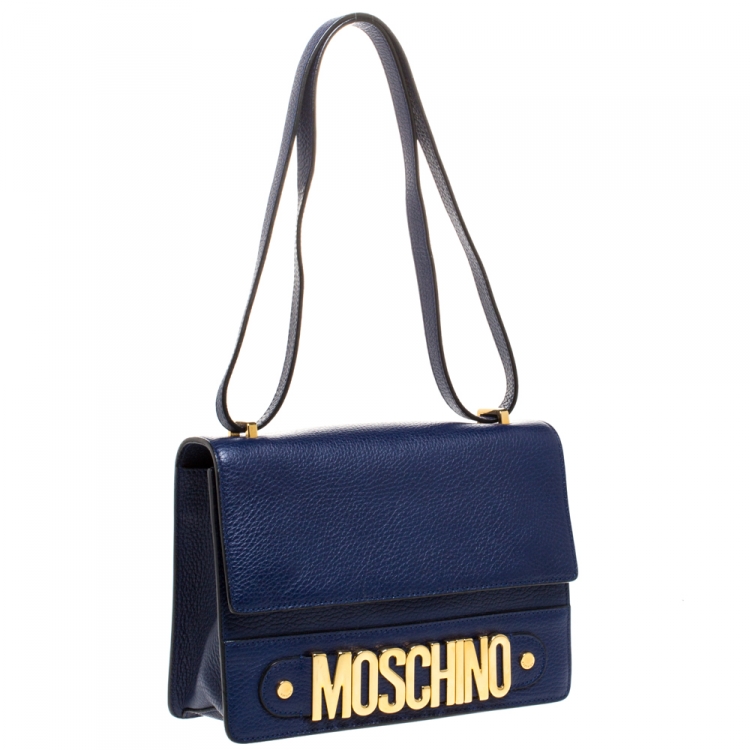 Pre Owned Moschino Blue Leather Logo Flap Shoulder Bag