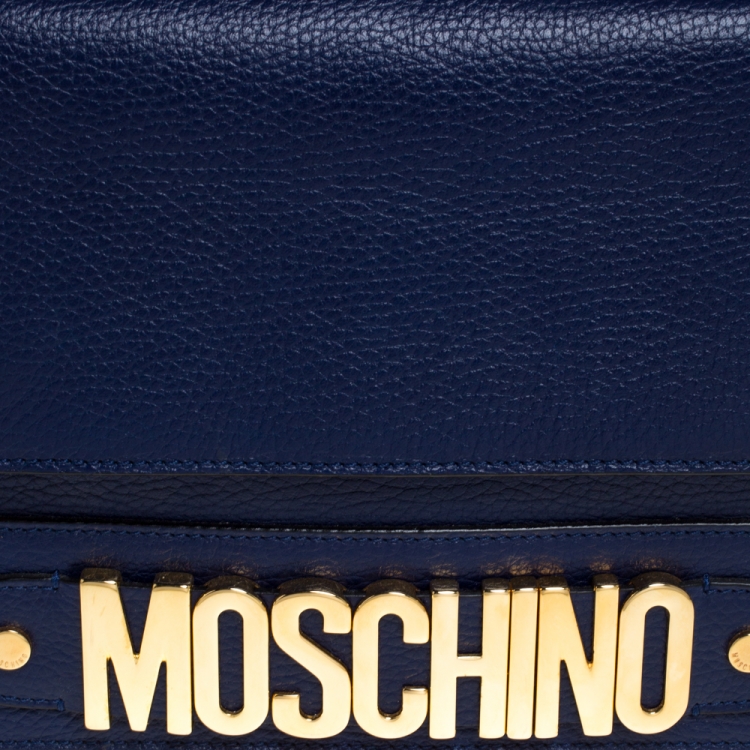 Pre Owned Moschino Blue Leather Logo Flap Shoulder Bag