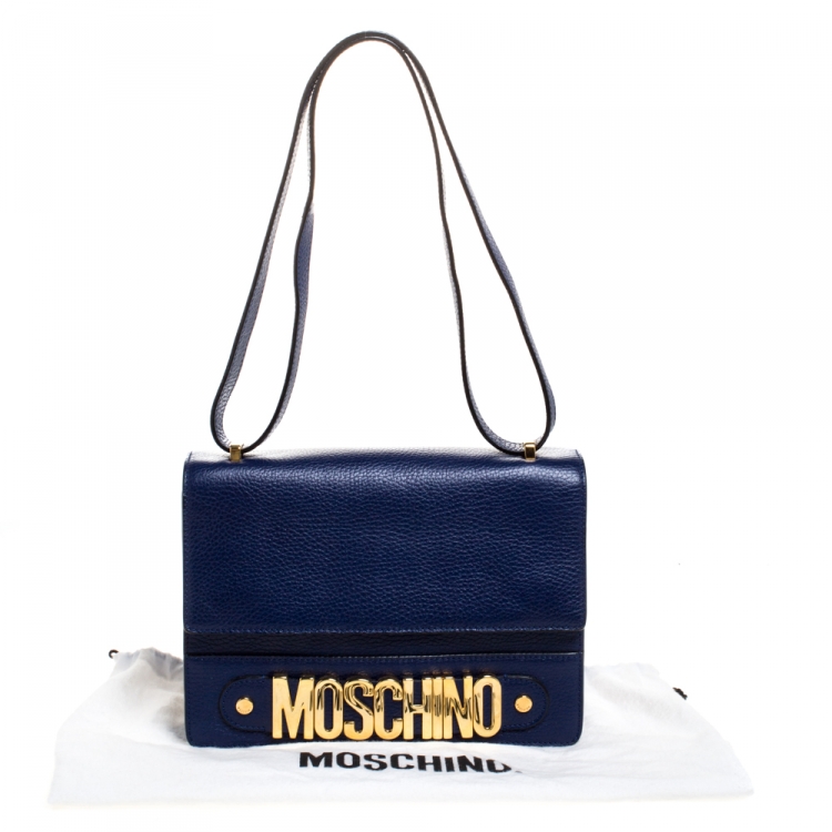 Pre Owned Moschino Blue Leather Logo Flap Shoulder Bag