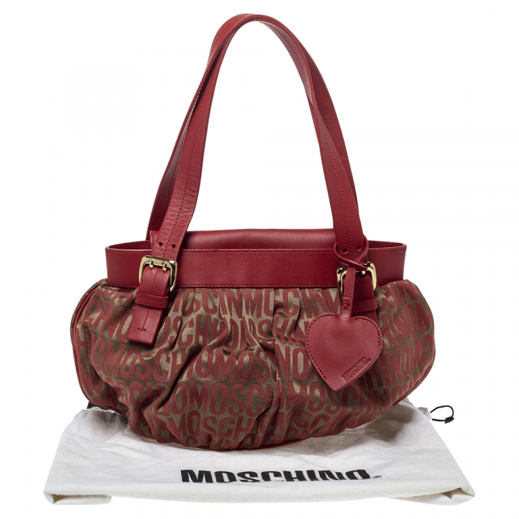 Pre Owned Moschino Red Signature Jacquard Fabric and Leather Heart Charm Hobo