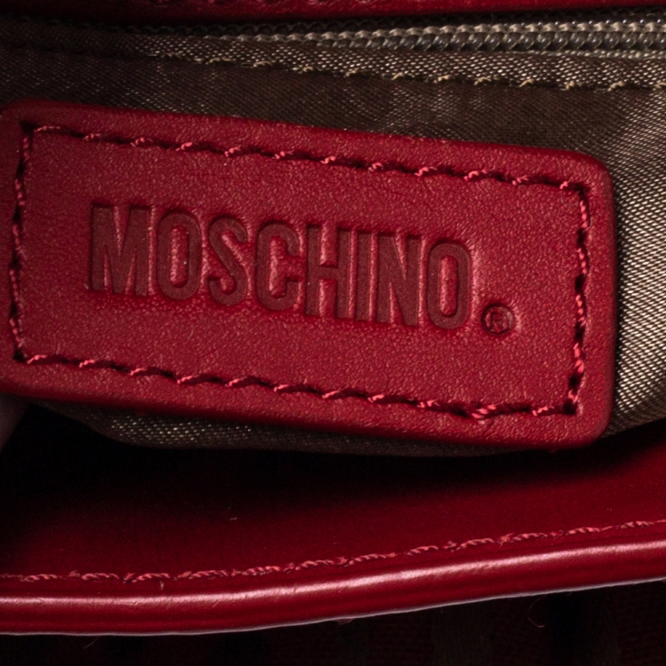 Pre Owned Moschino Red Signature Jacquard Fabric and Leather Heart Charm Hobo