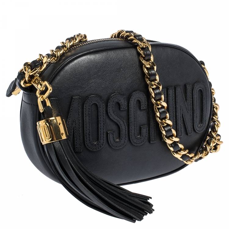 Pre Owned Moschino Black Leather Logo Oval Crossbody Bag