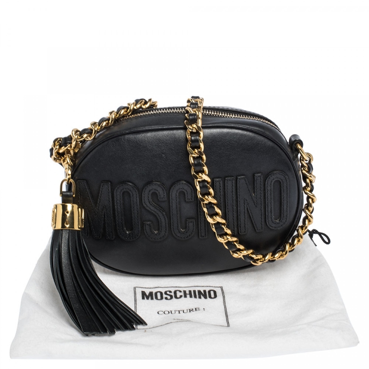 Pre Owned Moschino Black Leather Logo Oval Crossbody Bag