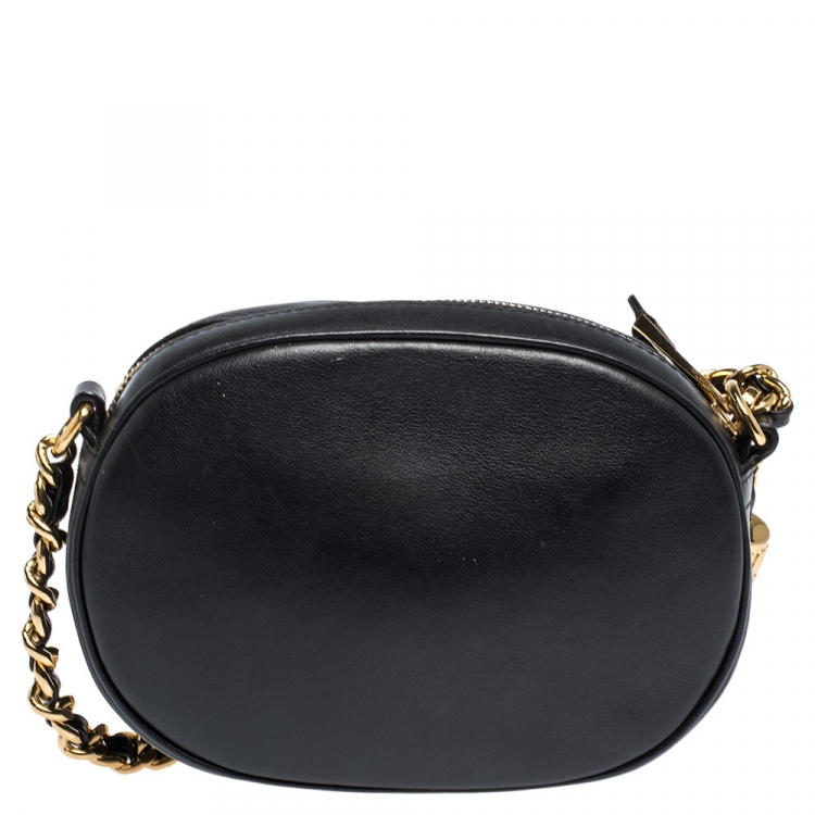 Pre Owned Moschino Black Leather Logo Oval Crossbody Bag