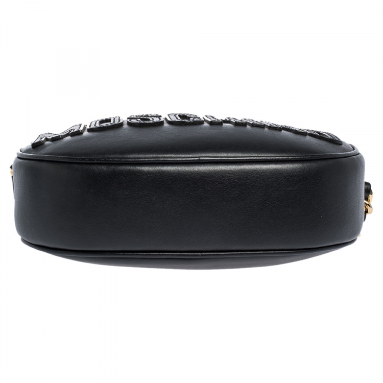 Pre Owned Moschino Black Leather Logo Oval Crossbody Bag