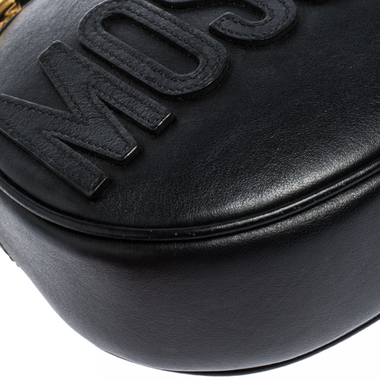 Pre Owned Moschino Black Leather Logo Oval Crossbody Bag