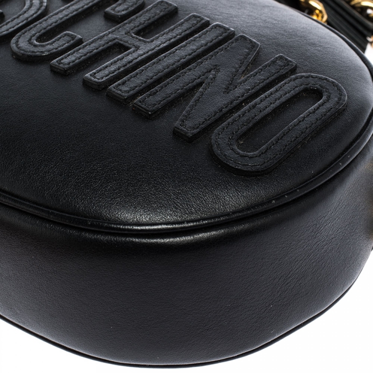 Pre Owned Moschino Black Leather Logo Oval Crossbody Bag