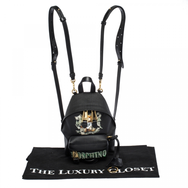 Pre Owned Moschino Black Coated Canvas and Leather Mini Dollar Teddy Bear Backpack
