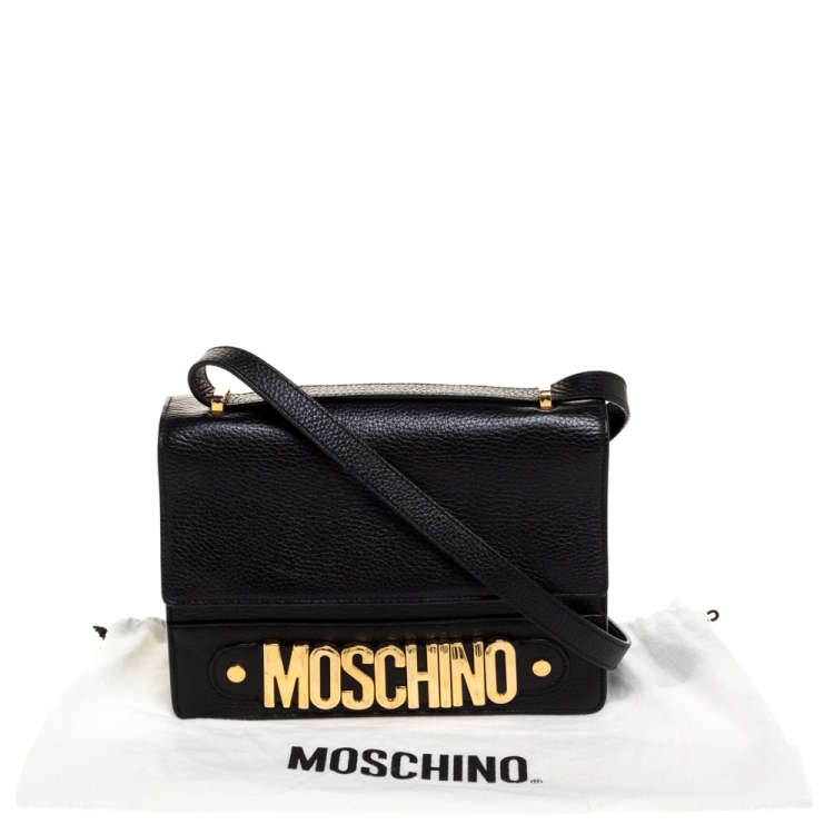 Pre Owned Moschino Black Leather Logo Flap Shoulder Bag
