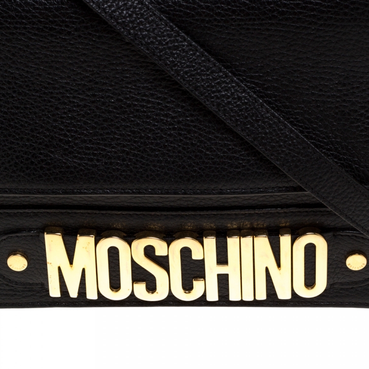 Pre Owned Moschino Black Leather Logo Flap Shoulder Bag