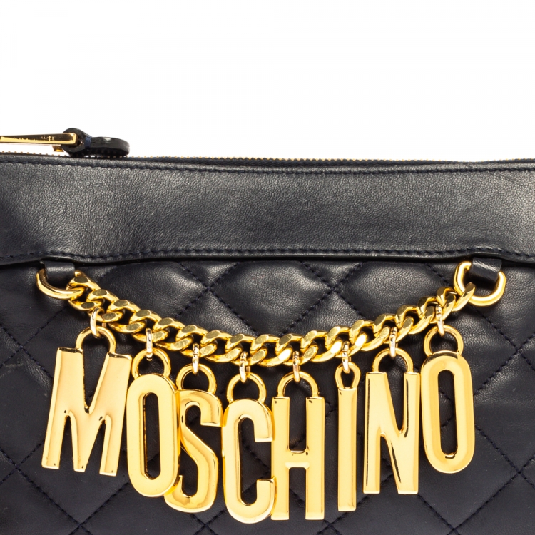 Pre Owned Moschino Navy Blue Quilted Leather Charms Wristlet Clutch