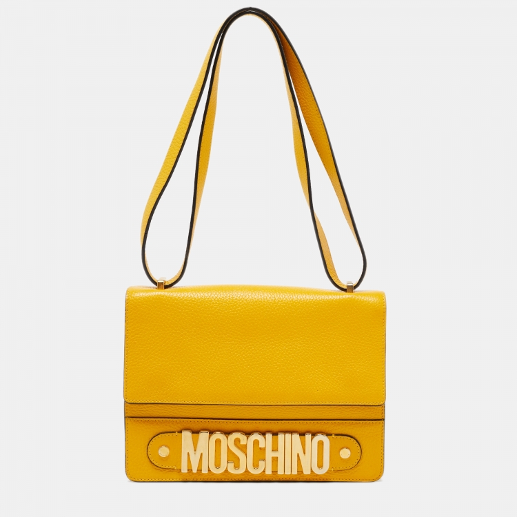Pre Owned Moschino Yellow Leather Logo Shoulder Bag