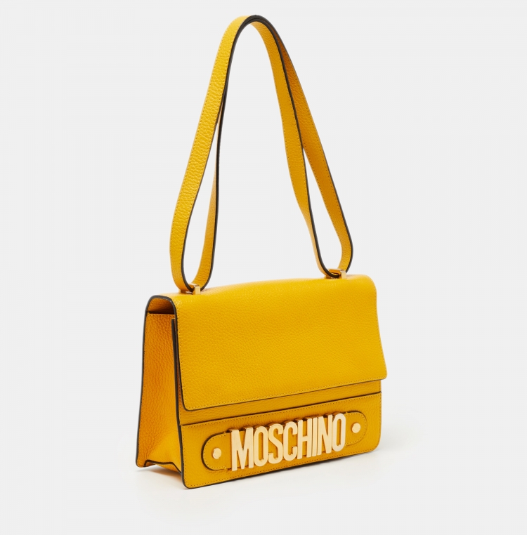 Pre Owned Moschino Yellow Leather Logo Shoulder Bag