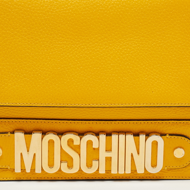 Pre Owned Moschino Yellow Leather Logo Shoulder Bag