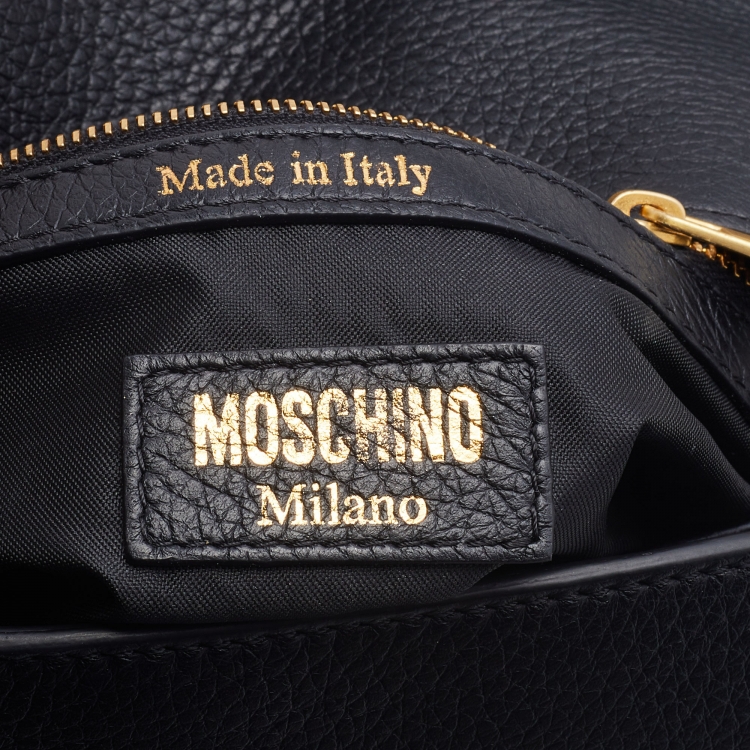 Pre Owned Moschino Black Leather Logo Flap Crossbody Bag