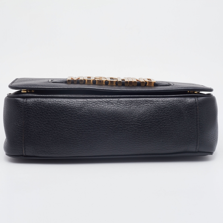 Pre Owned Moschino Black Leather Logo Flap Crossbody Bag