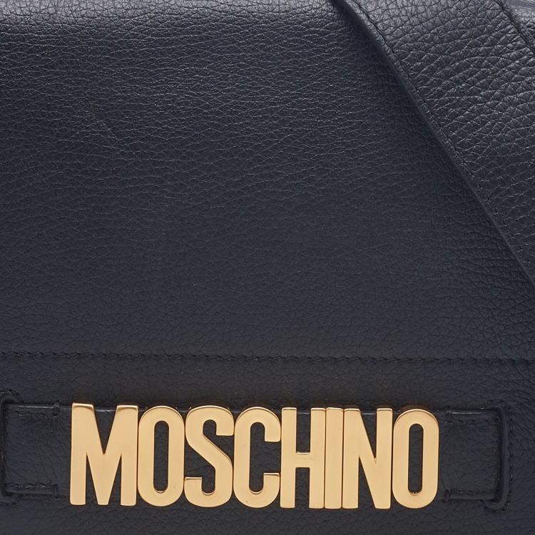 Pre Owned Moschino Black Leather Logo Flap Crossbody Bag