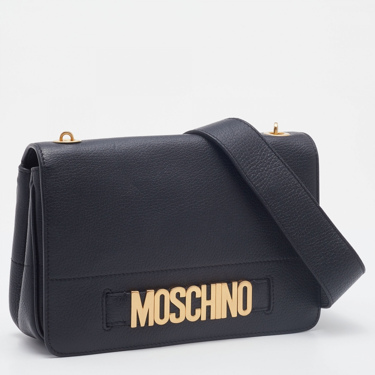 Pre Owned Moschino Black Leather Logo Flap Crossbody Bag