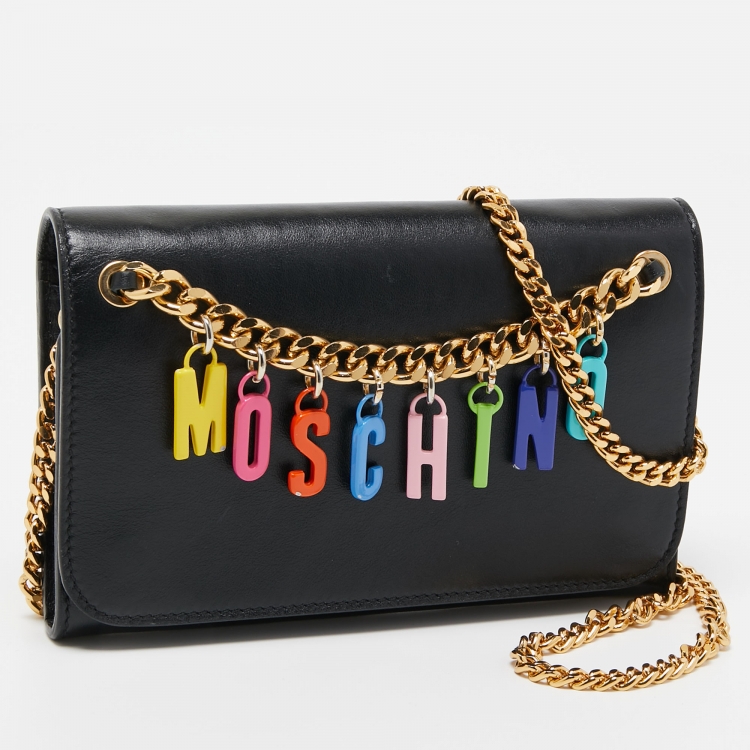 Pre Owned Moschino Black Leather Lettering Charm Wallet on Chain