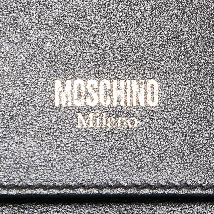 Pre Owned Moschino Black Leather Lettering Charm Wallet on Chain