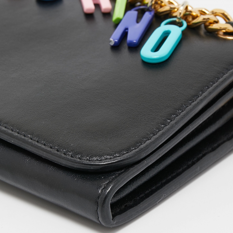 Pre Owned Moschino Black Leather Lettering Charm Wallet on Chain
