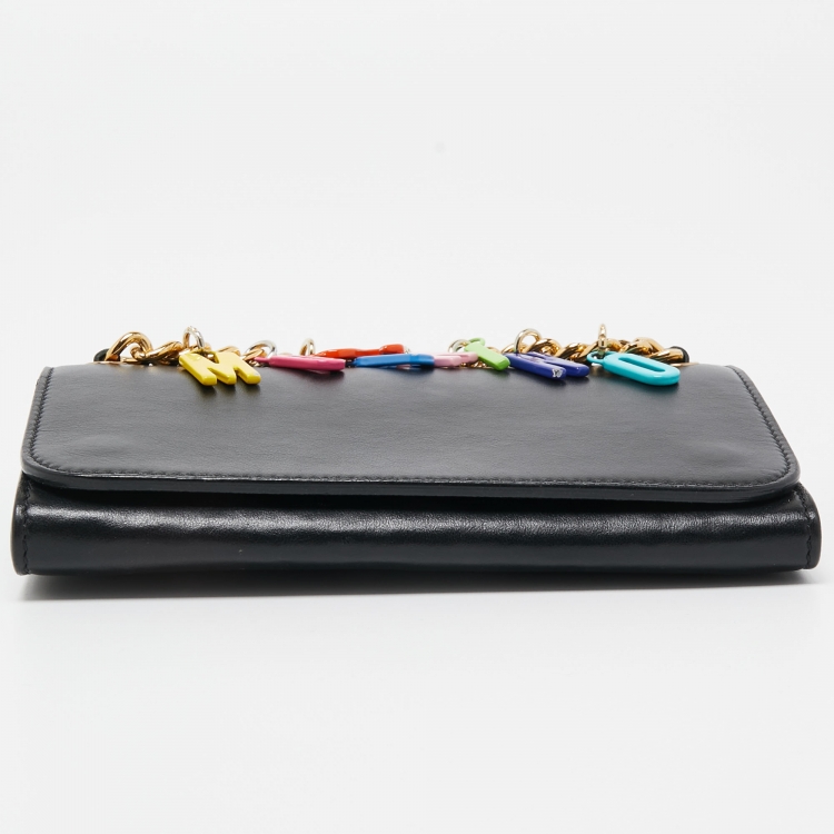 Pre Owned Moschino Black Leather Lettering Charm Wallet on Chain