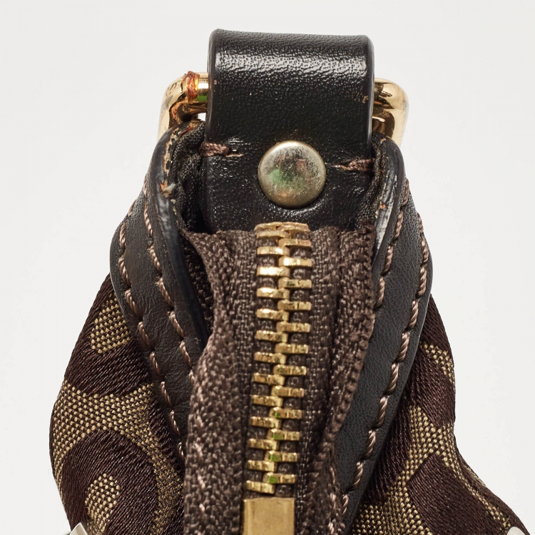 Pre Owned Moschino Dark Brown Signature Canvas Studs Embellished Hobo