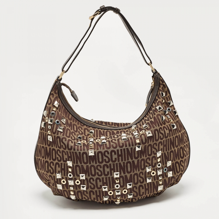 Pre Owned Moschino Dark Brown Signature Canvas Studs Embellished Hobo