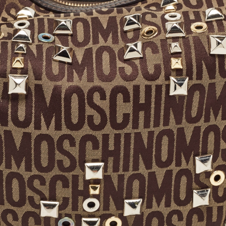 Pre Owned Moschino Dark Brown Signature Canvas Studs Embellished Hobo