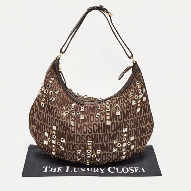 Pre Owned Moschino Dark Brown Signature Canvas Studs Embellished Hobo